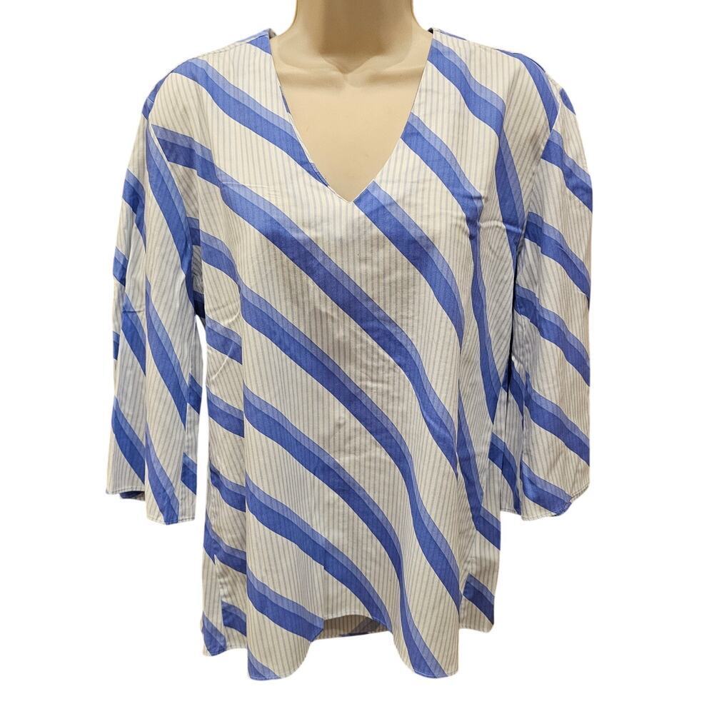 Foxcroft Wrinkle-Free sz 8 bell Sleeve v neck popover relaxed fit blue striped
